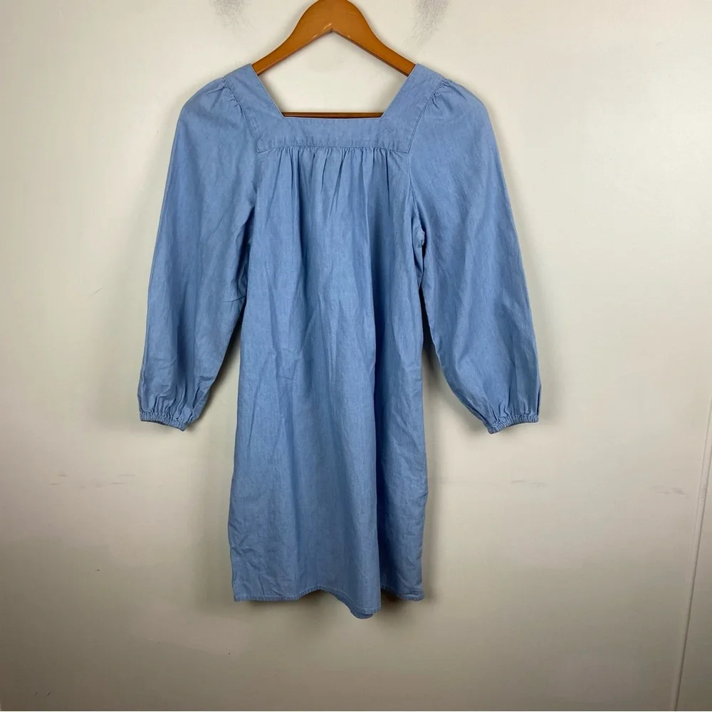 NWT J Crew Blue Chambray Square Neck Puff Sleeve Longsleeve Shift‎ Dress XXS